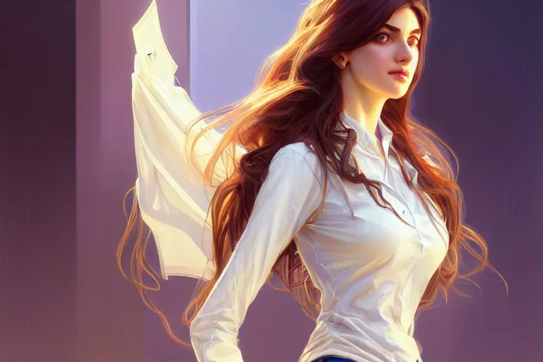 Prompt: Anxious pretty pale young arabian doctor wearing jeans at the airport, portrait, elegant, intricate, digital painting, artstation, concept art, smooth, sharp focus, illustration, art by artgerm and greg rutkowski and alphonse mucha