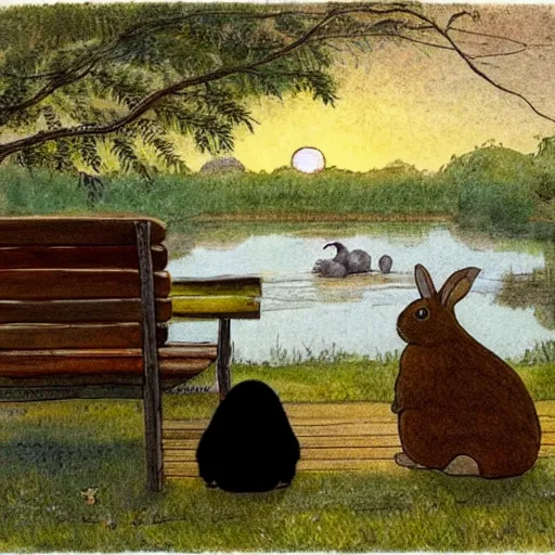 Image similar to a rabbit and a guinea pig watching the sunset together on a bench at a pond, in the style of carl larsson