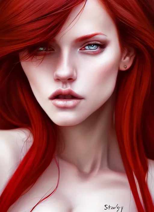 Prompt: photo of gorgeous woman with half white half red hair in the style of stefan kostic, realistic, half body shot, sharp focus, 8 k high definition, insanely detailed, intricate, elegant, art by stanley lau and artgerm, foggy backgeound