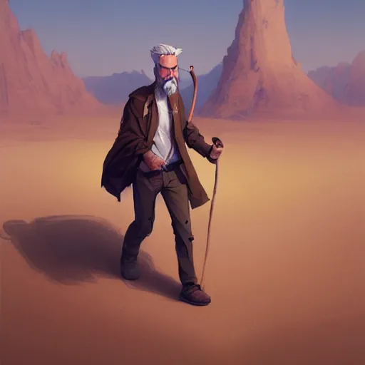 Image similar to commission of a young man with gray hair,a stylish beard,walking through a desert with a glowing stick,digital art,art by greg rutkowski,trevor henderson,rossdraws,character design,concept art,western comic style,sharp lines,photorealiatic,hyperdetailed,detailed face,high quality,professional lighting,dramatic