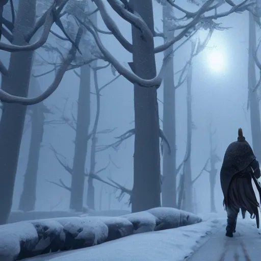 Prompt: a viking walking in snowy landscapes full of blizzard, award winning, trending on artstation, unreal engine