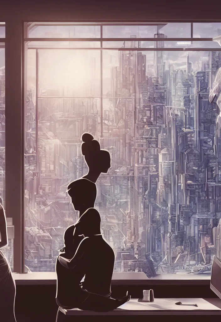 Image similar to wife hugging her sitted husband that at his futuritic desk looking at the window with a futuristic city, rossdraws, global illumination, radiant light, detailed and intricate environment