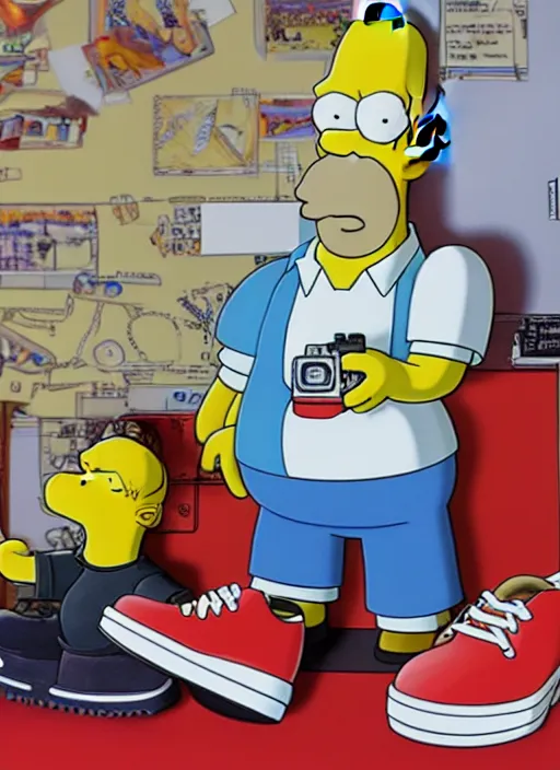 Prompt: hyperrealistic and heavy detailed product photo jordan shoe of homer simpson in front of white back drop, whole shoe is in picture, leica sl 2 5 0 mm, vivid color, high quality, high textured, real life,