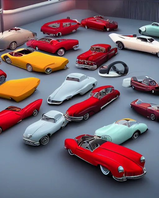 Image similar to vast car show with luxury cars of 1940s, volumetric lighting, 1940s palette, hyper realism, high detail, octane render, high contrast , 8k