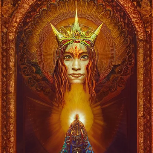 Image similar to the sacred spirit king by GEOGLYPHIKS by FABIÁN JIMÉNEZ by MICHAEL DIVINE by AMANDA SAGE in the style of oil painting visionary art, intricate oil painting artwork. , trending on artstation, greg rutkowski very coherent symmetrical artwork, oil painting