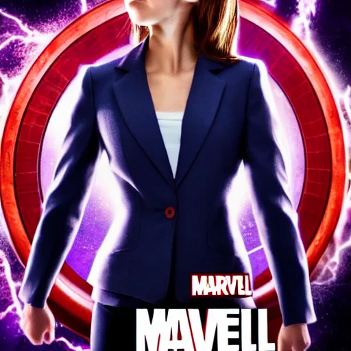 Image similar to a girl talking on a phone, wearing business clothes, marvel movie poster style, 8 k