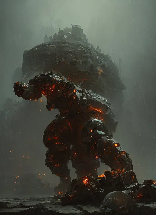 Image similar to a photorealistic dramatic hyperrealistic render of an armored fire golem by wlop, greg rutkowski, alphonse mucha, beautiful dynamic dramatic dark moody lighting, shadows, cinematic atmosphere, artstation, concept design art, octane render, 8 k