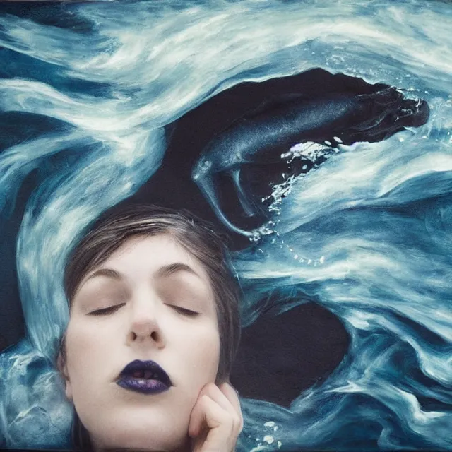 Prompt: a female art student falling asleep, misty, iceberg, black paint, dark, sensual, dreamy, waves, swirls, blue drips, fish, blueberries, octopus, neo - impressionist, surrealism