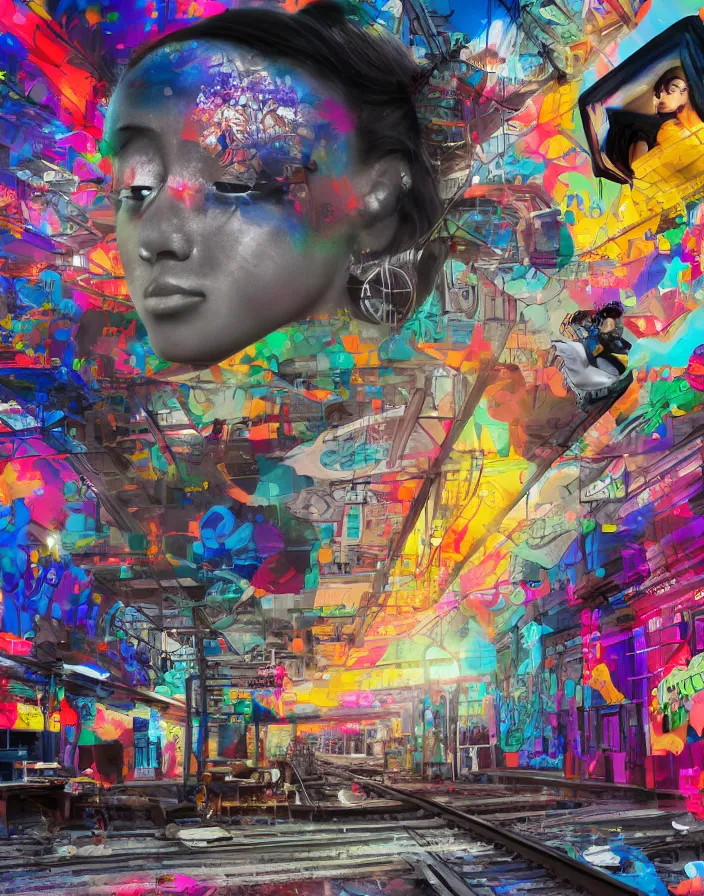 Image similar to semi semi realistic digital painting!! beautiful geisha flying over a colorful subway train yard, grunge, graffiti, tags, dramatic, xray melting colors!!, long lens, shallow depth of field, bokeh, anamorphic lens flare, 8 k, hyper detailed, 3 5 mm film grain