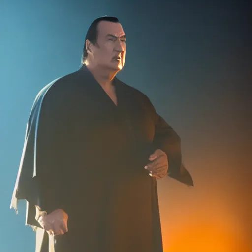 Image similar to from the movie a still of steven seagal as a fat batman, cinematic, studio lighting. god rays through fog. 4 k