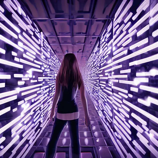 Image similar to chromatic cyborg female discovering her own consciousness in a mirror maze (Unreal Engine, 3D, Reflections, Glossy, Hyer-Realistic, Futuristic, Noise, Gradient)