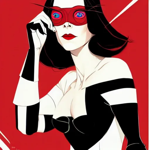 Image similar to Joshua Middleton comic art, wide shot, stunning elegant female Natalie Wood, white mask, beautiful evil sneer, symmetrical face, symmetrical eyes, leather clothing and boots, long straight red hair, full body, Indigo occult pattern