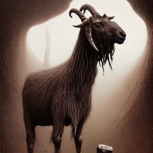 Image similar to a goat as a dark souls boss by zdzisław beksiński