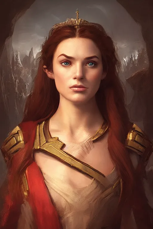 Image similar to princess of eternal beauty and grace, face portrait, raphael lacoste, eddie mendoza, alex ross, concept art, matte painting, highly detailed, rule of thirds, dynamic lighting, cinematic, detailed, denoised, centerd