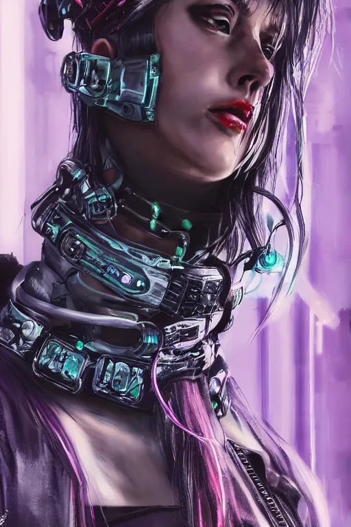 Image similar to detailed realistic cyberpunk female character cyberpunk wearing steel collar around neck, realistic, art, beautiful, 4K, collar, choker, collar around neck, punk, artstation, detailed, female, woman, choker, cyberpunk, neon, punk, collar, choker, collar around neck, thick collar, choker around neck, wearing choker, wearing collar, bright neon punk hair,