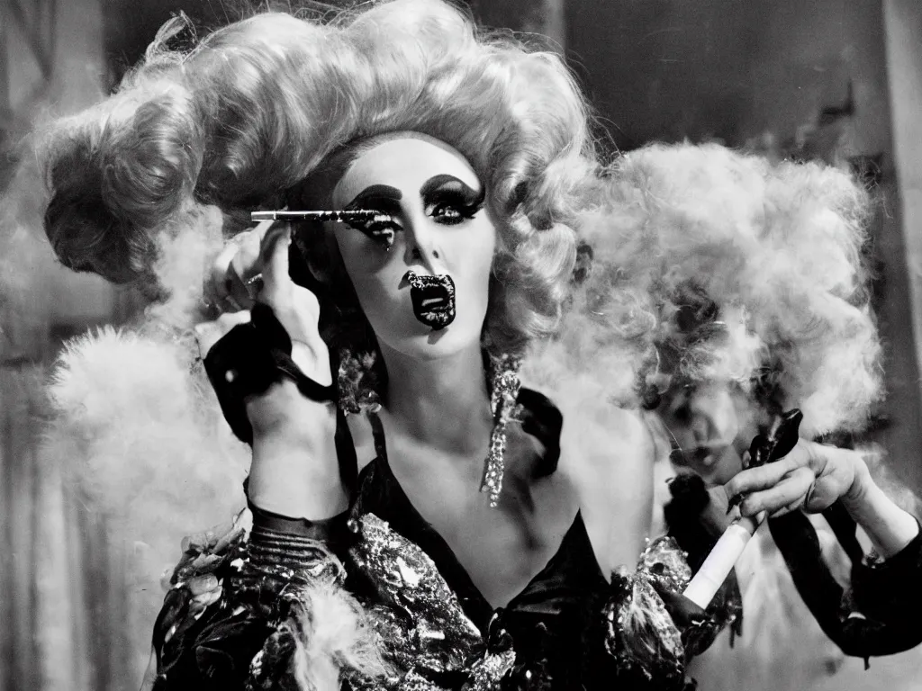 Image similar to Glamorous drag queen with heavy makeup and a big wig smoking a cigarette in a Federico Fellini film, lighting, highly detailed, cinematic