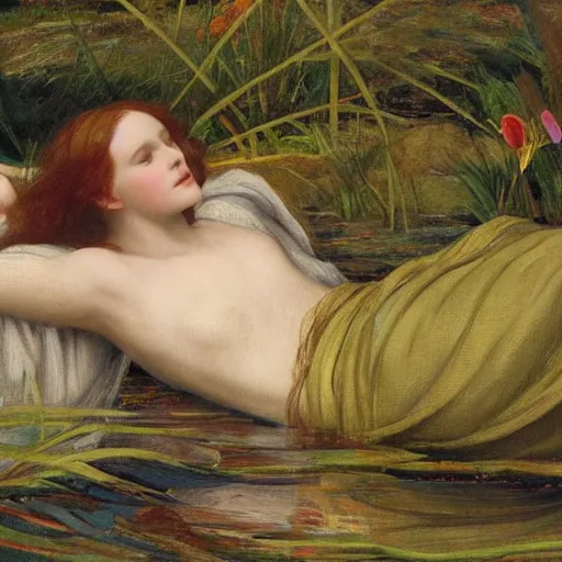 Image similar to breathtaking masterpiece of art, elizabeth eleanor siddall as ophelia laying down in shivasna floating down the river amongst the reeds fully clothed in flowing medieval robes by rosetti, 8 k