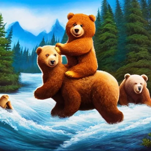 Image similar to bob ross riding on the back of two bears across a river, a colorized photo by bob ross, shutterstock contest winner, fantastic realism, bob ross, national geographic photo, majestic