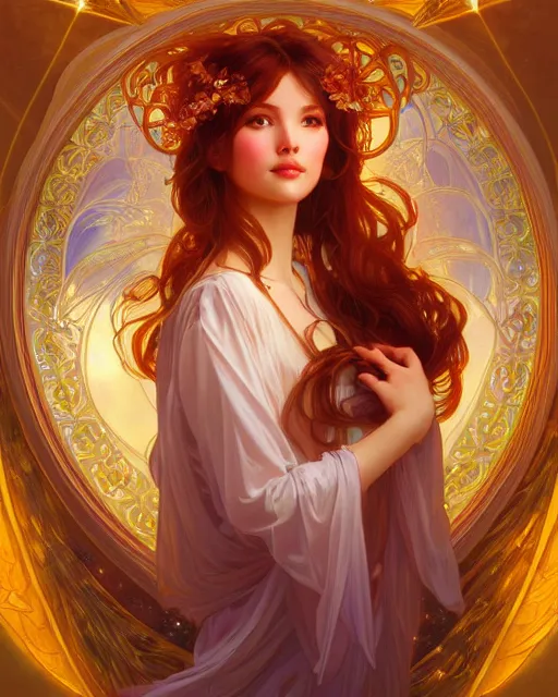 Prompt: portrait of a cosmic auburn goddess, radiant halo of light, glimmering sparkles, fantasy portrait by wlop and artgerm, artstation, alphonse mucha