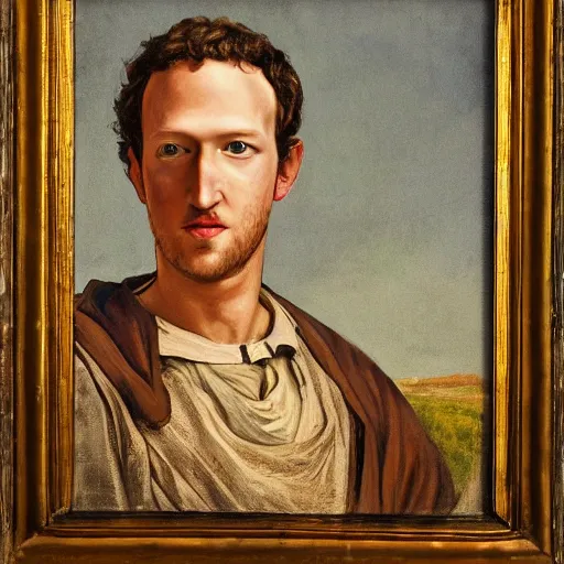 Image similar to mark zuckerburg as a 1 2 th century peasant in england, painting, exhibited at the british museum, oil on canvas, restored