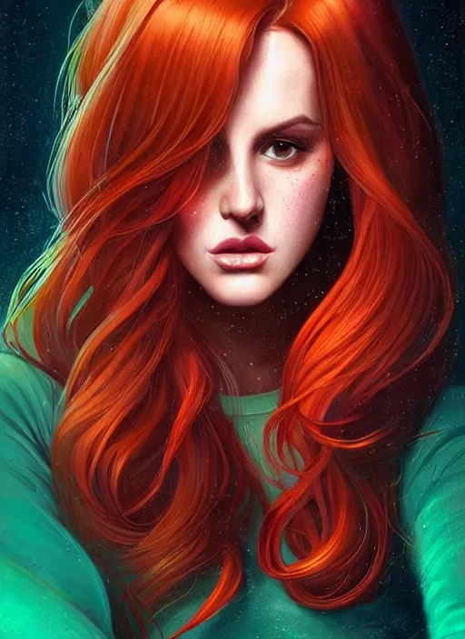 Image similar to full body portrait of teenage cheryl blossom, bangs, green eyes, sultry expression, red hair, sultry smirk, bangs and wavy hair, big bangs, intricate, elegant, glowing lights, highly detailed, digital painting, artstation, concept art, smooth, sharp focus, illustration, art by wlop, mars ravelo and greg rutkowski