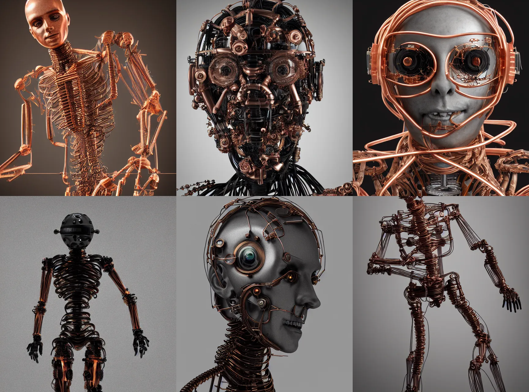 Prompt: photorealistic hyperdetailed portrait of an automaton made of translucent plastic and black carbonfiber, underlying copper wires and tiny steel gears, aluminum skeleton, octane render and pbr and path - tracing, polaroid, long focal, low angle