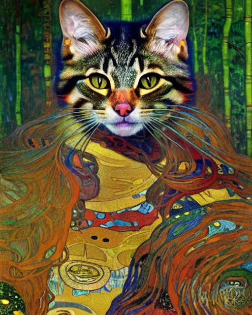 Image similar to wild forest cat portrait an oil painting splashes with many colors and shapes by gustav klimt greg rutkowski and alphonse mucha, polycount, generative art, psychedelic, fractalism, glitch art