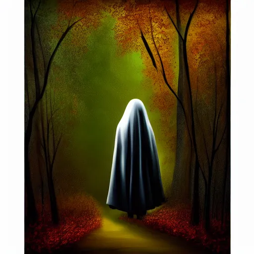 Prompt: ominous bedsheet ghost floating in a dark autumn forest, oil painting, brush strokes, gloomy foggy atmosphere, symmetrical, full body image, highly ornate intricate details,