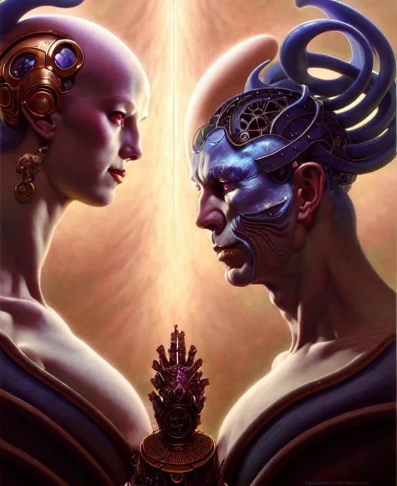 Image similar to beautiful gemini good and evil fantasy character portrait, ultra realistic, wide angle, intricate details, the fifth element artifacts, highly detailed by peter mohrbacher, hajime sorayama, wayne barlowe, boris vallejo, aaron horkey, gaston bussiere, craig mullins