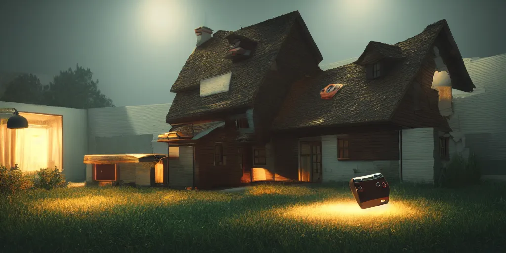 Image similar to A hyperrealistic house made of gaming console and a strange element, photorealistic, octane render, hyperrealistic, cinematic lighting, 8k,