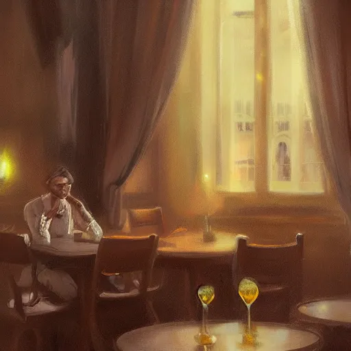 Image similar to brown cat with yellow eyes is sitting at table in a cafe at paris in early 2 0 th century. atmospheric feeling, warm colours, brown colours, yellow colours, epic scene, cinematic, very detailed, concept art, trending on artstation