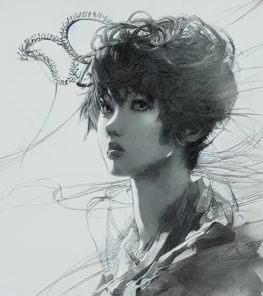 Image similar to dramatic portrait of anime woman wearing sailor suit, pen and ink, intricate line drawings, by craig mullins, ruan jia, kentaro miura, greg rutkowski, loundraw