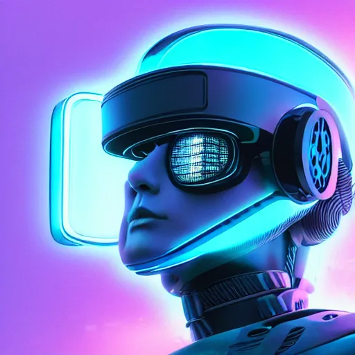 Image similar to cyberpunk cool bot, cinema 4 d, galaxy, ufo, space sci - fi, wearing vr goggles, illustration, portrait, pastel neon textured background night, trending on artstation, greg rutkowski, octane rendered, 1 2 k, detailed,