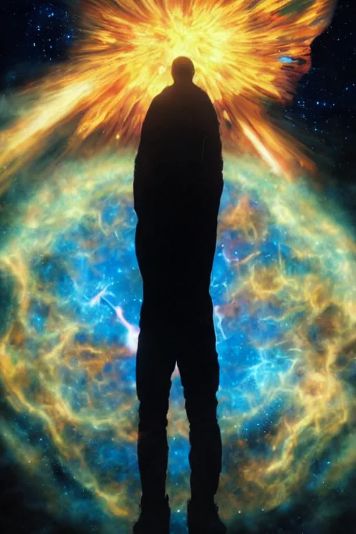 Prompt: long shot from behind of an astronaut floating alone in space silhouetted against a supernova, dramatic backlighting, somber, golden hour, low-key lighting, kodachrome, color contrast, high contrast, highly detailed, sharp focus, digital painting, concept art, illustration, trending on artstation, art by greg rutkowski + greg hildebrandt + alphonse mucha