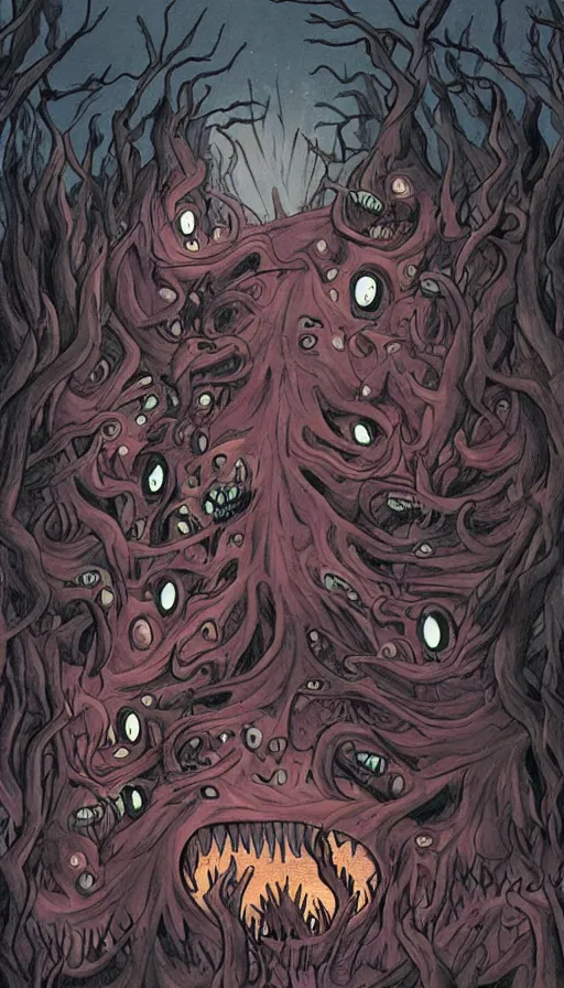 Image similar to a storm vortex made of many demonic eyes and teeth over a forest, from cryptid academia