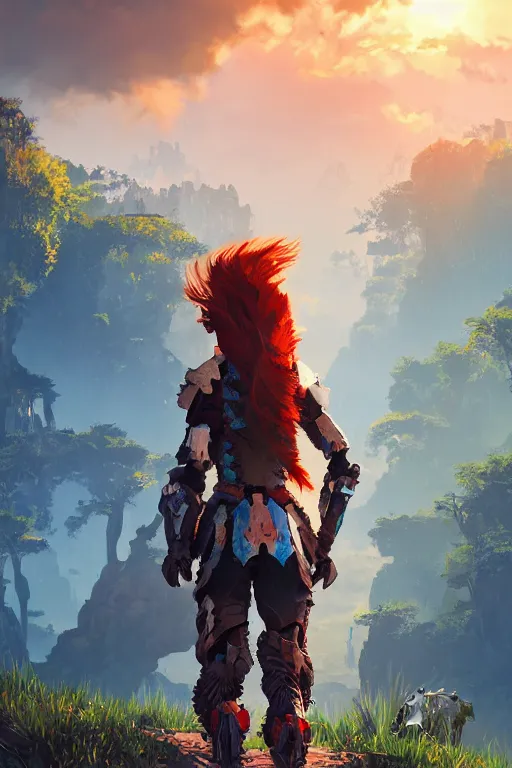 Image similar to combination suit armor aloy horizon forbidden west horizon zero dawn radiating a glowing aura global illumination ray tracing hdr fanart arstation by ian pesty and alena aenami artworks in 4 k tribal robot ninja mask helmet backpack