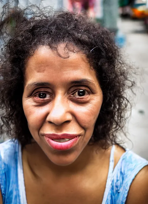 Prompt: close up portrait of a beautiful, real 30-year-old Cuban woman, happy, candid street portrait in the style of Martin Schoeller, award winning, Sony a7R