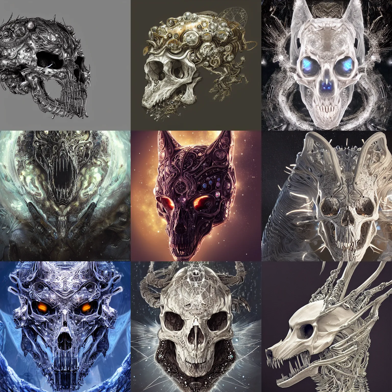 Prompt: ancient wolf's skull + astral magical energy + biopunk and atompunk style + bio cyborg + nanopunk technologies :: translucent, intricate detail, ivory rococo :: Crystal Lighting, Mystical, Hyperrealistic, 4K, Unreal Engine, Highly Detailed, digital painting