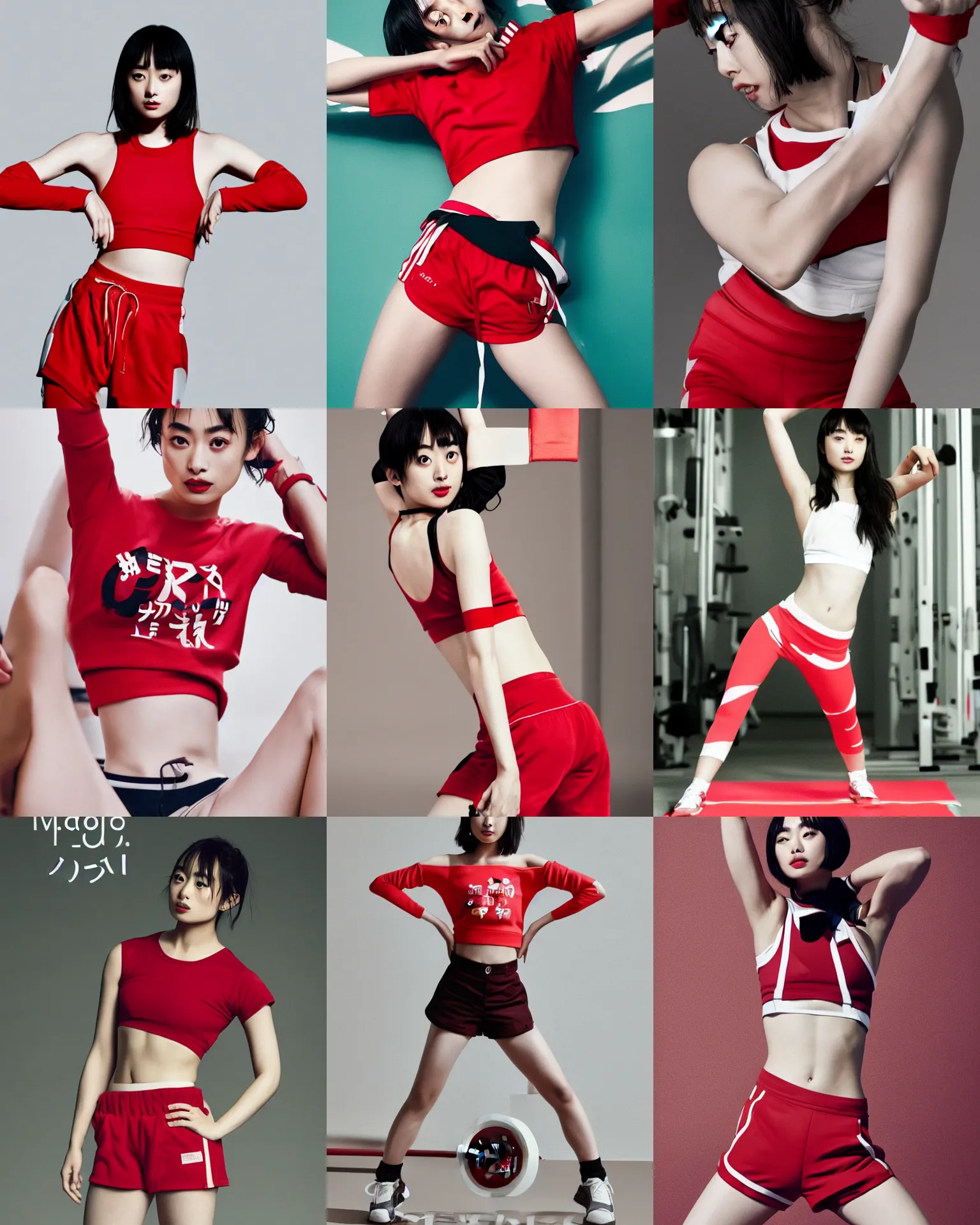 Prompt: suzu Hirose wearing crop red gym top with white lettering, cropped red yoga short, Advertising photography by Mario Testino, masterwork