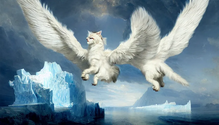 Image similar to highly detailed painting of white giant griffon cat bears with large feathered wings on a blue and white iceberg by william turner, by greg rutkowski, by william constable, thick brush strokes and visible paint layers, 4 k resolution