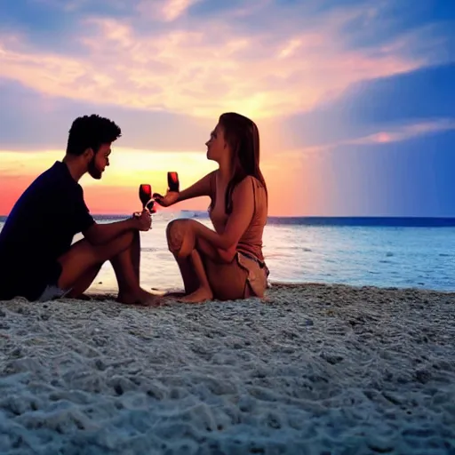 Image similar to one young man and one young woman drinking wine on a beach at sunset, beautiful colors, amazing landscape, digital art