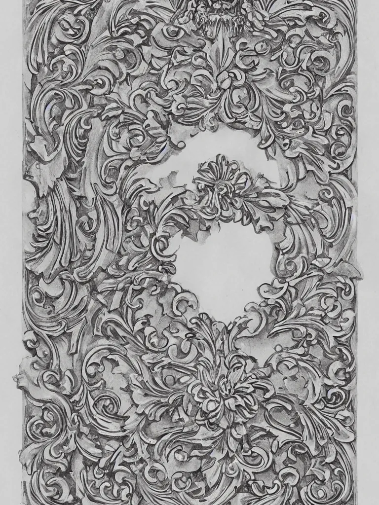 Prompt: beautiful decorative ornamental escutcheon emblem engraving with classical elements emanating from center of design, decorative design, classical ornament, motif, bilateral symmetry, spread wings, feathers, flowering buds, acanthus scrollwork, negative space, highly detailed etching