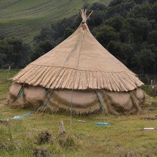 Prompt: tai ethnic group traditional tent in battle field