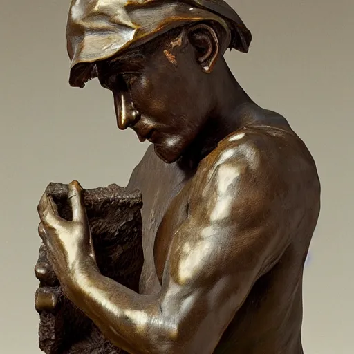 Image similar to high resolution photograph of a bronze cast sculpture of a sad peasant boy in the style of carl spitzweg