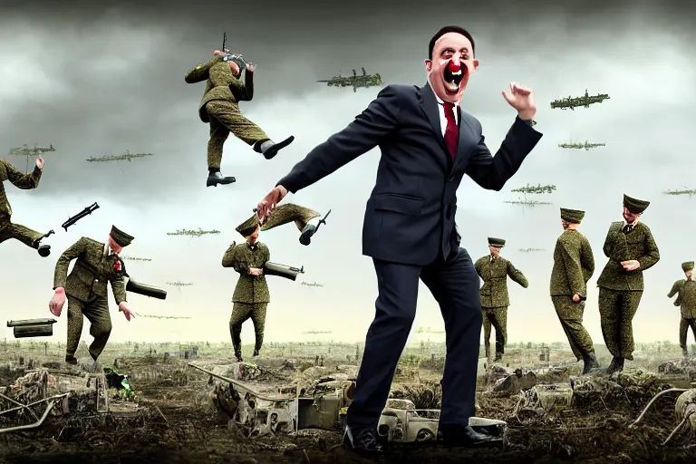 Prompt: one Comedian in suit and tie performing in a battle-field with dead bodies on the ground, detailed face, comedian is funny, performing to dead soldiers, nuclear bomb in far horizon, apocalypse, trending on artstation, artstationHD, hyperdetailed matte painting, highly detailed, digital painting, hyper-realistic, realistic, photo-realistic