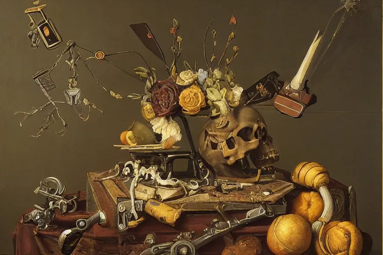 Image similar to a vanitas painting from the 21st century by clara peeters with a skull but also all the electronical gadgets of modern times, cables, wires