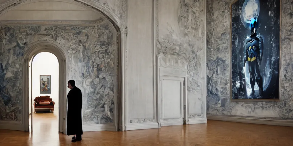 Image similar to Batman standing in giant Italian modern castle living room, clean minimalist design, that is 1300 feet tall, with very tall giant walls filled with modern art paintings, doors that are cosmic portals, photo by Annie Leibovitz