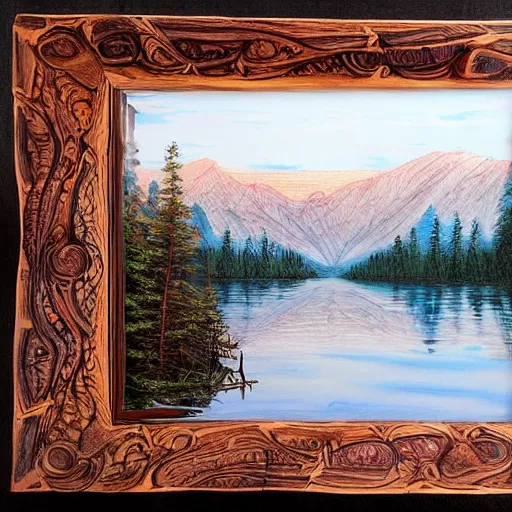 Prompt: lake surrounded by mountains :: very beautiful, dreamy, poetic, melancholy :: pyrography