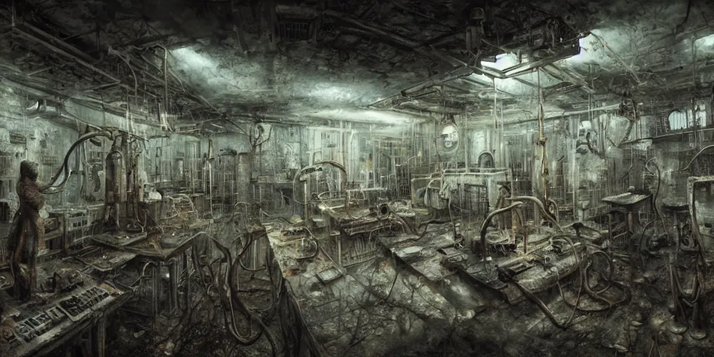 Prompt: xxii century humans discover abandoned laboratory with vacuum tube computers, early xx century technology, dark atmosphere, intricate, elegant, highly detailed, urban decay, digital painting, artstation, concept art, smooth, sharp focus, octane render, dramatic lighting, volumetric lighting, cinematic lighting, art by zdislav beksinski and hans giger