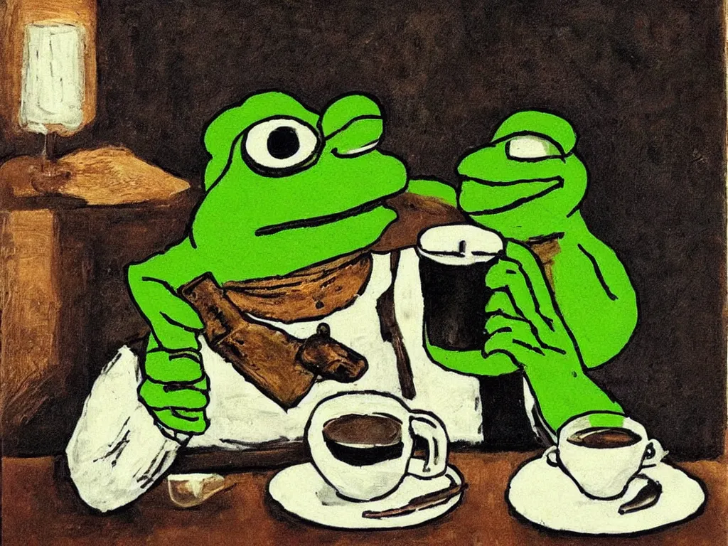 Image similar to portrait of a pepe! the frog! drinking coffee in the style of tarkovsky, old photo